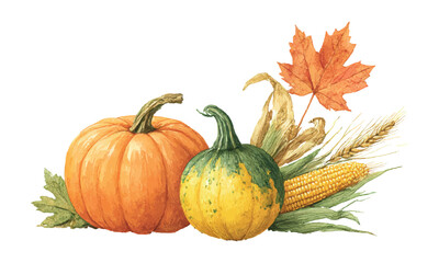 Autumn harvest with pumpkins, corn, wheat, and maple leaf isolated