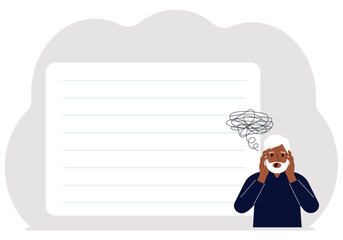 Bad thoughts concept. A man feels depressed with thoughts after negative events, unhappy, suffering, sadness, depression. Vector flat illustration