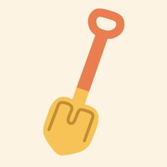Cute beach shovel vector icon for summer and beach designs, perfect for kids' illustrations, vacation posters, seaside themes, and playful beach graphics.
