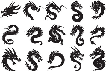 Minimal Black Dragon Logo Collection in Geometric Flat Line Vector Design