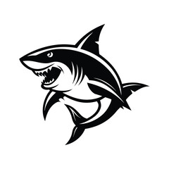 Fototapeta premium Black and white vector shark in dynamic position, showing fierce expression and bold lines. Suitable for logos, mascot designs, marine themes, and wildlife vector projects.