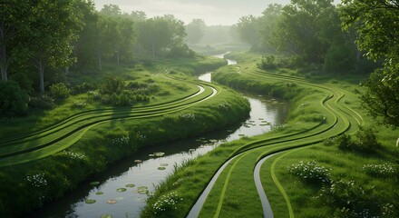 River Flows Through Grassland