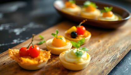Delicious bite sized appetizers with fresh fruit and herbs on wooden board, beautifully arranged