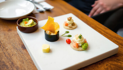 Gourmet appetizer plate with crackers, cheese, and vegetable garnish on wooden table