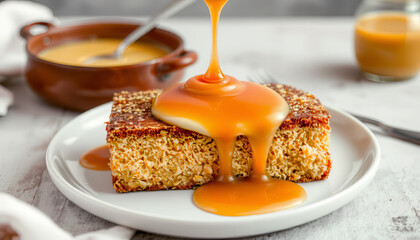 Thick amber colored caramel sauce is poured over crispy rice cake on white plate