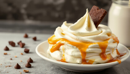 Whipped cream boasts rich caramel drizzle and chocolate piece on white plate