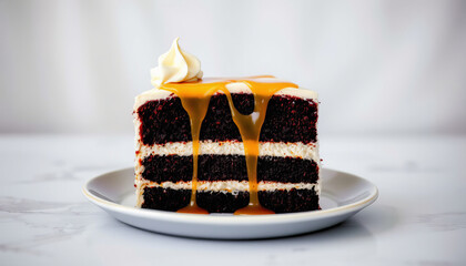 Chocolate cake slice with creamy frosting and caramel sauce dripping on white plate