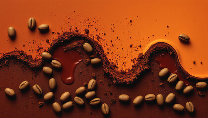 Coffee bean and ground coffee with liquid on orange background creating warm and rich atmosphere