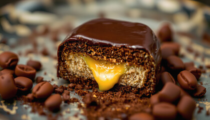 Chocolate caramel candy with coffee beans and crumbs, rich and creamy dessert treat