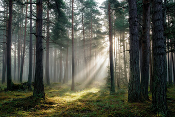 Obraz premium Foggy morning sunbeams in peaceful pine forest