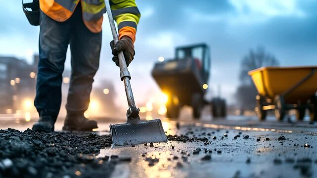 A skilled worker using a jackhammer to break up old concrete sidewalk, dust rising from the surface, with a concrete mixer and wheelbarrows filled with materials in the background,