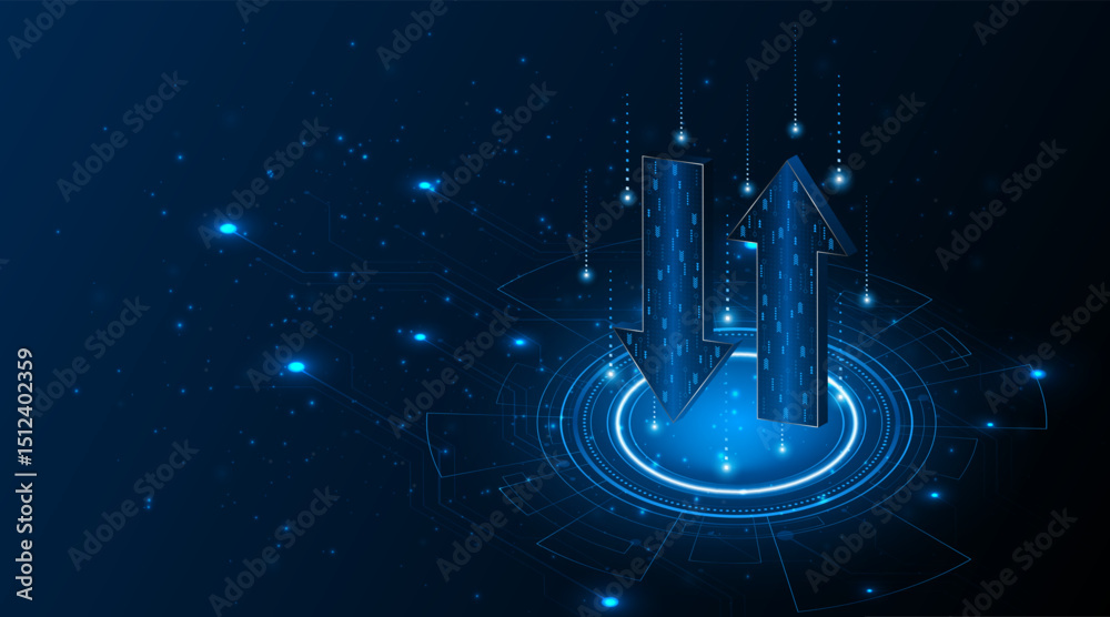 Poster abstract up and down arrows on dark blue background. the concept of digital traffic or exchange. bus