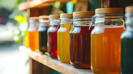 Colorful Honey Jars On Wooden Shelves