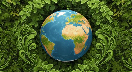 Earth Globe Surrounded by Green Foliage