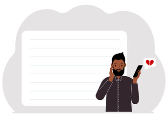 Man reading a message on his mobile phone. Message with a broken red heart. Vector flat illustration