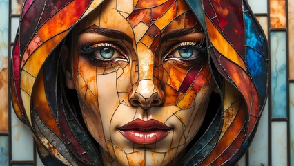 Weathered Wooden colorful Sculpture of a Woman's Face