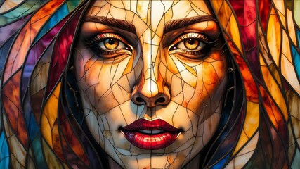 Weathered Wooden colorful Sculpture of a Woman's Face