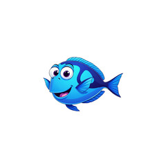 Cheerful cartoon blue fish smiling with big eyes against a stark black background