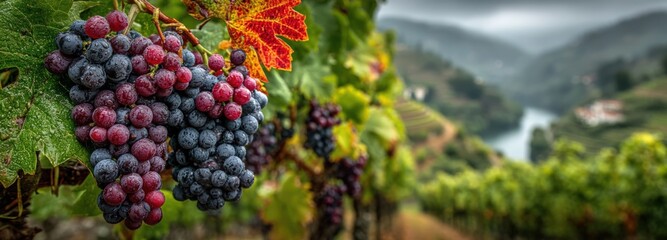 Close-up view of Touriga Nacional grapes in a Douro Valley vineyard during July