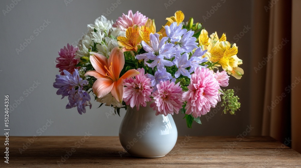 Poster vibrant flowers in various shades and types are carefully arranged in a white vase on a rustic woode