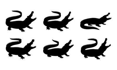 Collection of six silhouetted crocodiles with open mouths in various poses and orientations on white background
