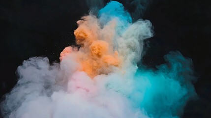 Abstract burst of multicolor powder on dark black background showing intricate particle motion and vivid pigment contrast