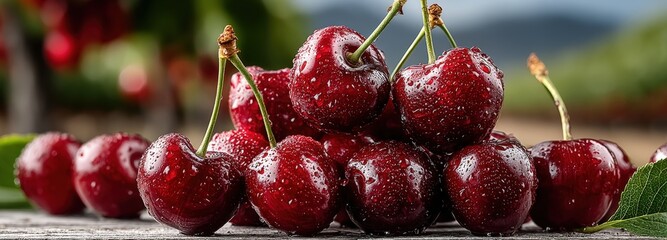 Fresh cherries stacked in a pyramid with a lush orchard in the background