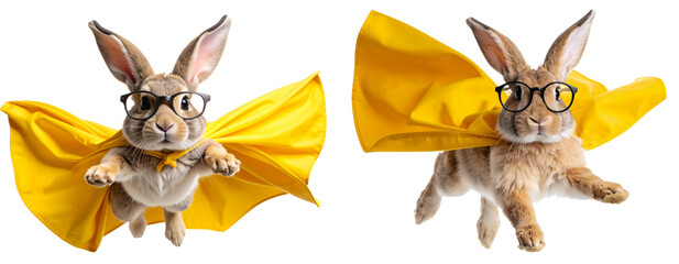 Flying Bunny Superhero in Dynamic Mid-Air Pose with Cape Fluttering Transparent Background PNG