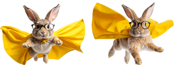 Flying Bunny Superhero in Dynamic Mid-Air Pose with Cape Fluttering Transparent Background PNG