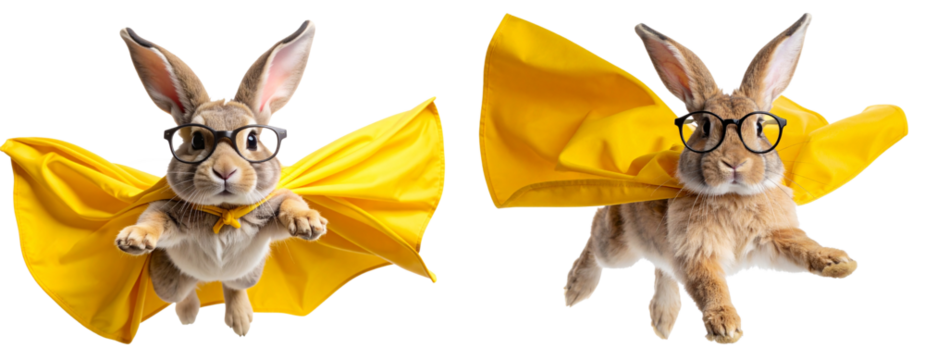 Flying Bunny Superhero in Dynamic Mid-Air Pose with Cape Fluttering Transparent Background PNG