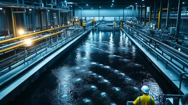A large-scale water treatment facility, with rows of filtration tanks and water purification equipment, a team of workers wearing hard hats and safety vests, and digital systems sh