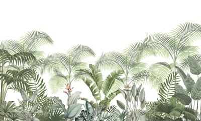 Minimalist Botanical Wall Mural: Faded Green Jungle Landscape Background © csinie1