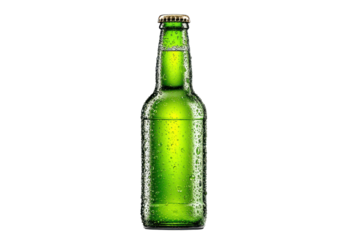 Chilled green beer bottle ready to serve perfect for bar or brewery themes, isolated on transparent background
