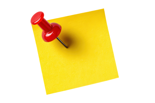 Yellow sticky post-it note with red pushpin symbolizing a casual office reminder, isolated on transparent background