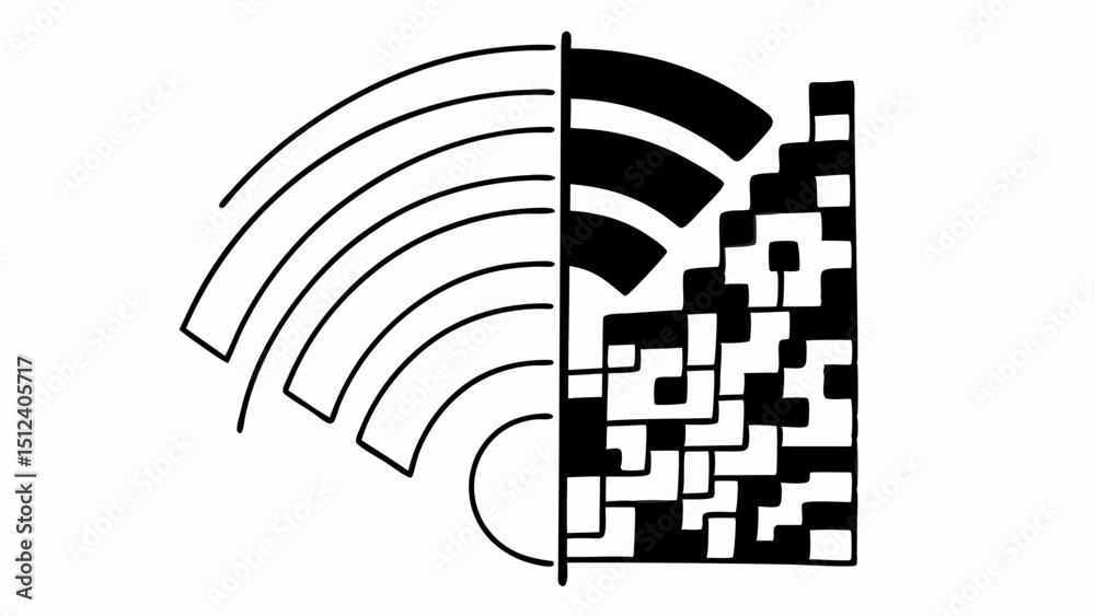 Poster abstract illustration of wifi signal waves and pixelated block pattern side by side design art creat