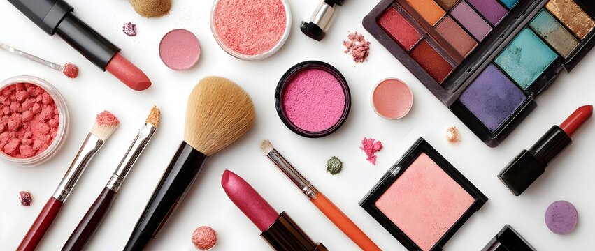 A colorful flat lay of makeup products, including eyeshadows, lipsticks, blushes, and brushes, arranged neatly on a white background, showcasing beauty and cosmetic essentials.