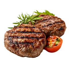 Juicy Grilled Beef Patties: Recipe Inspiration & Restaurant Menu Photos on white background