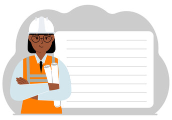 Engineer near the construction crane. Builder holding blueprints near construction machinery. Vector flat illustration