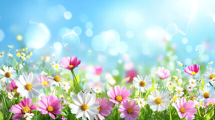 Fototapeta premium Vibrant spring meadow with blooming pink and white daisies under a sunny blue sky field fresh green image macro.