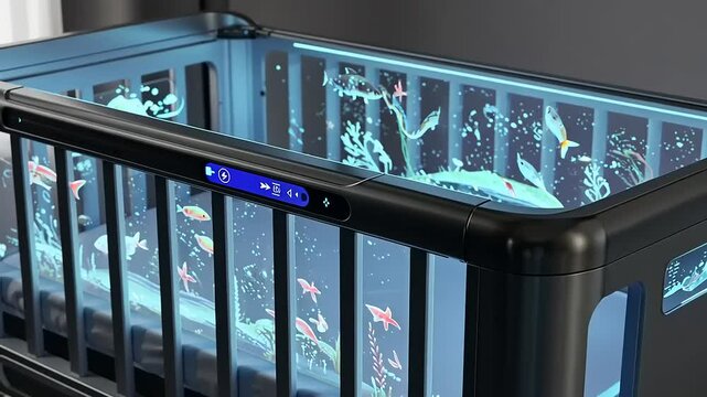 Innovative baby crib with aquatic-themed design and interactive features in a modern nursery