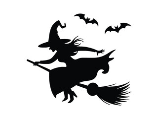 Obraz premium Silhouette of a witch flying on a broomstick with bats for halloween celebration
