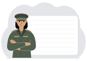 The profession of a soldier. A woman in military uniform. Army and military concept. Vector flat illustration