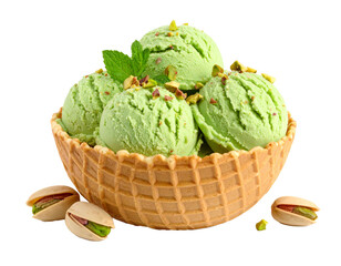 Pistachio ice cream in a waffle bowl on a transparent background