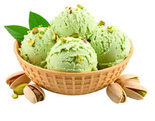 Lody pistacjowe w wafelkowej miseczce na przezroczystym tle