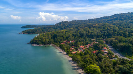 Fototapeta premium Aerial View Of Tropical Coastal Village With Lush Green Hills
