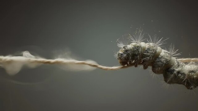 Macro footage shows a silkworm crawling along a silk thread, guided by a pheromone cloud emitted from a nearby source, against a neutral gray background