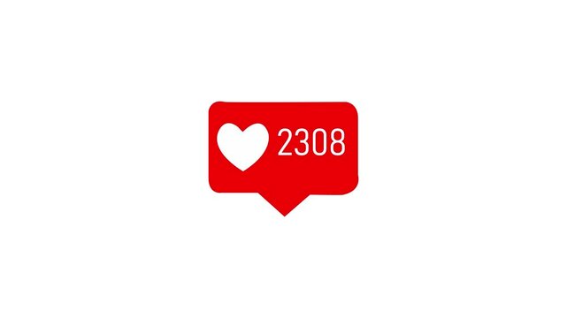 Animation of a simple counter from 0 to 3000 values, heart shape in a red rectangle animation video. Perfect to show any social network popularity concept. 4k