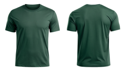 Deep Green Plain T-Shirt Front and Back View – Minimalist Apparel Mockup Isolated on Transparent Background