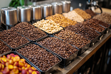 Variety of nuts and beans on a table.