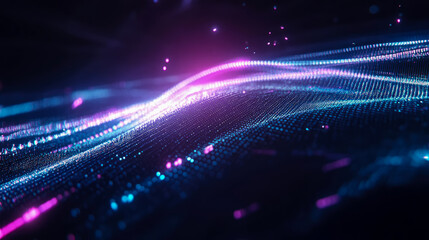 Fototapeta premium Futuristic Abstract Particle Stream: A shimmering stream of blue and magenta particles in a dark space, representing data flow or technological advancement.